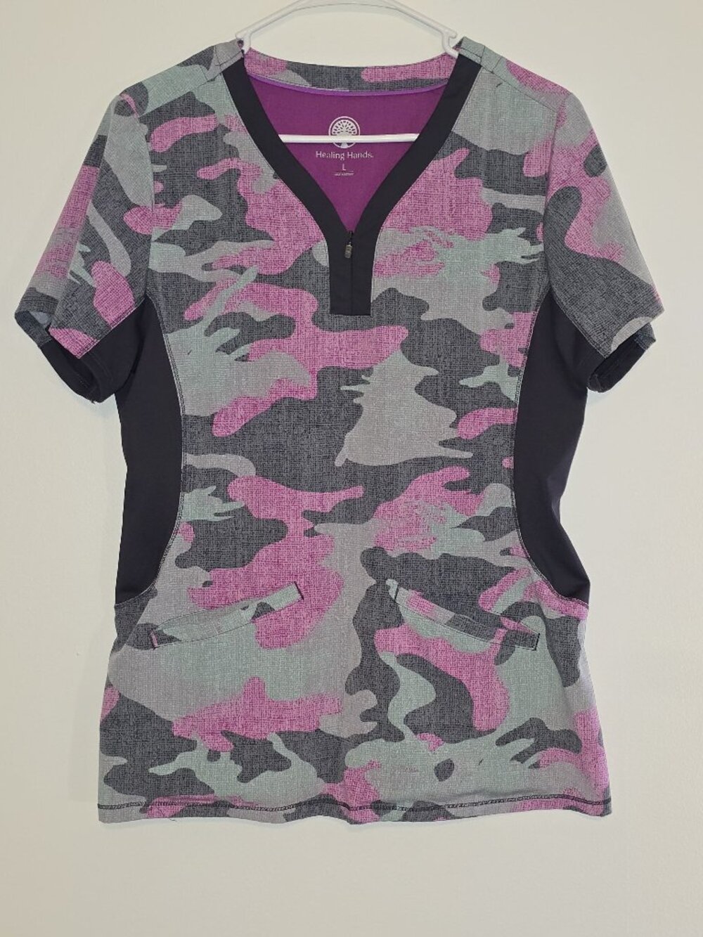 Healing Hands Purple Camo Zip-Neck Scrub Top Large